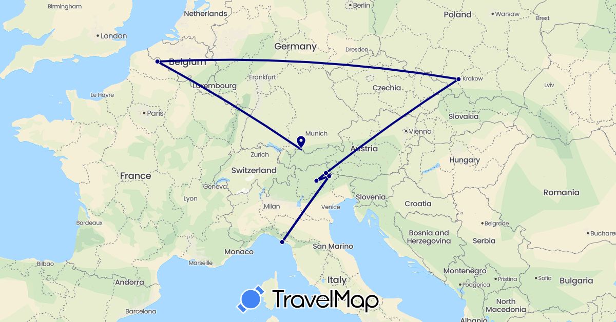 TravelMap itinerary: driving in Germany, France, Italy, Poland (Europe)
